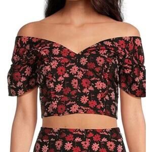 Sugarlips Black Red Floral Crop Top L NWT Off Shoulder Puff Sleeve